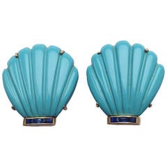 1960s Carved and Fluted Turquoise Sapphire Shell Earclips