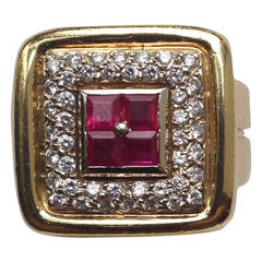 1960s unisex Custom Cut Elegant Ruby Diamond Gold Ring