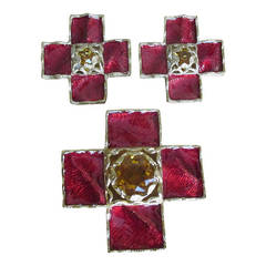 Yves Saint Laurent Red Enamel Topaz Earrings & Pin
