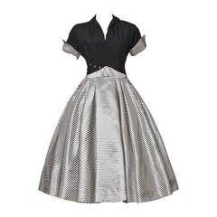 Vintage 1940s 40s Black + White Striped Taffeta Full Sweep Party Dress