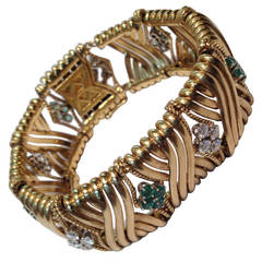 1950's  Emerald And Diamond Flexible Link Gold Bracelet