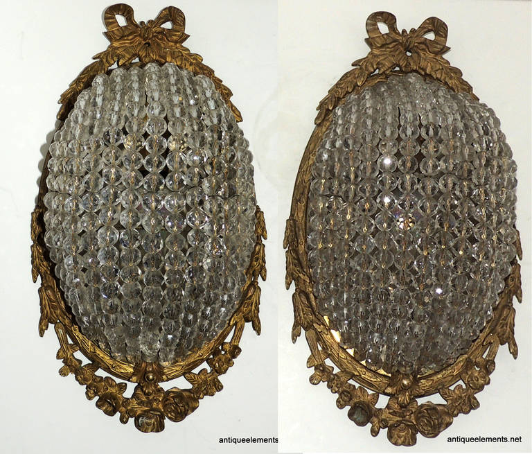 Oustanding Pair Of French Beaded & Dore Bronze Basket Form Bow Top Wall Sconces
