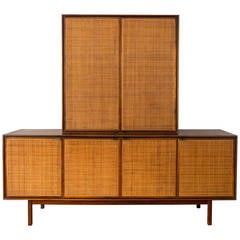Vintage Florence Knoll Attributed Founders Walnut Cane Credenza Cabinet