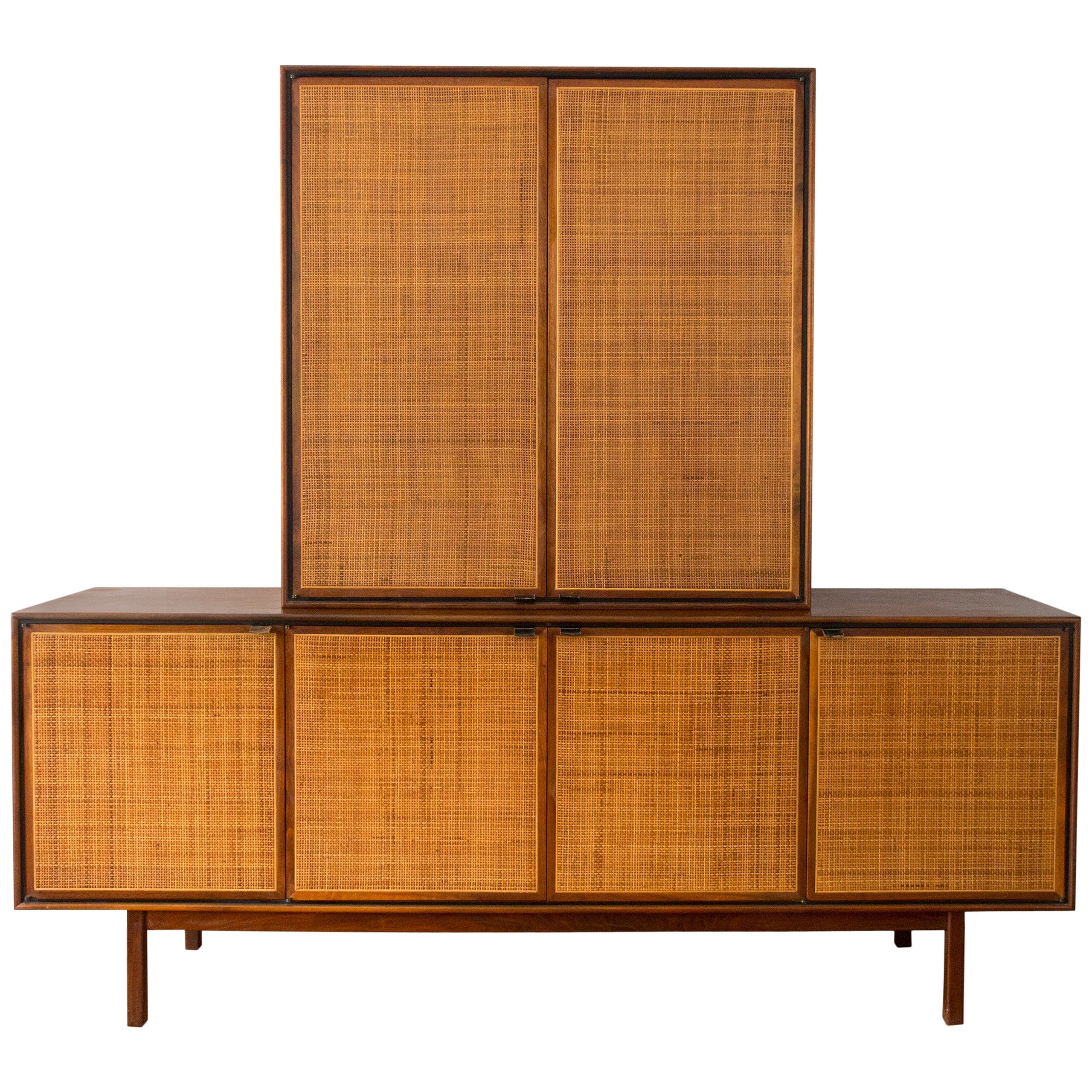 Florence Knoll Attributed Founders Walnut Cane Credenza Cabinet