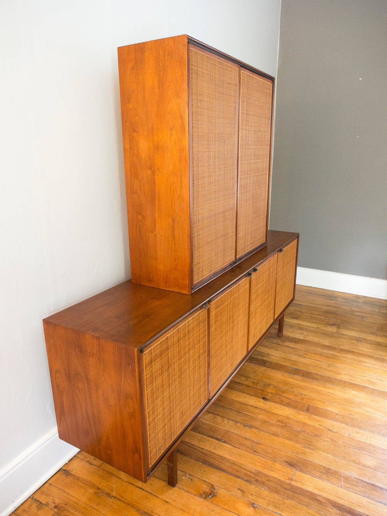 Florence Knoll Attributed Founders Walnut Cane Credenza Cabinet In Good Condition In St. Louis, MO