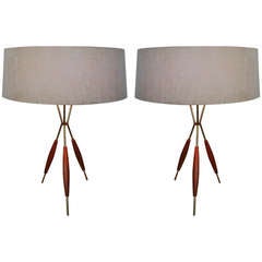 Vintage Pair (2) Brass & Walnut Lamps by Gerald Thurston for Lightolier