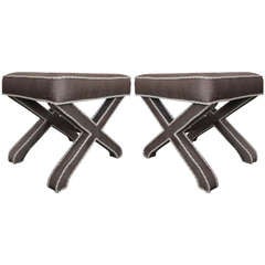 Pair (2) of Classic Billy Baldwin Style X Base Upholstered Benches