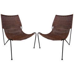 Pair Frederick Weinberg Iron and Wicker Sling Chairs