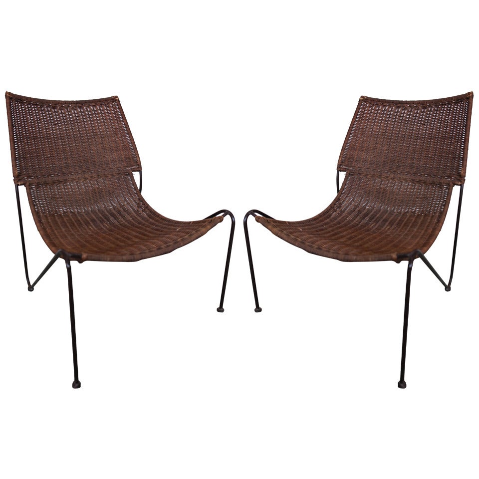 Pair Frederick Weinberg Iron and Wicker Sling Chairs