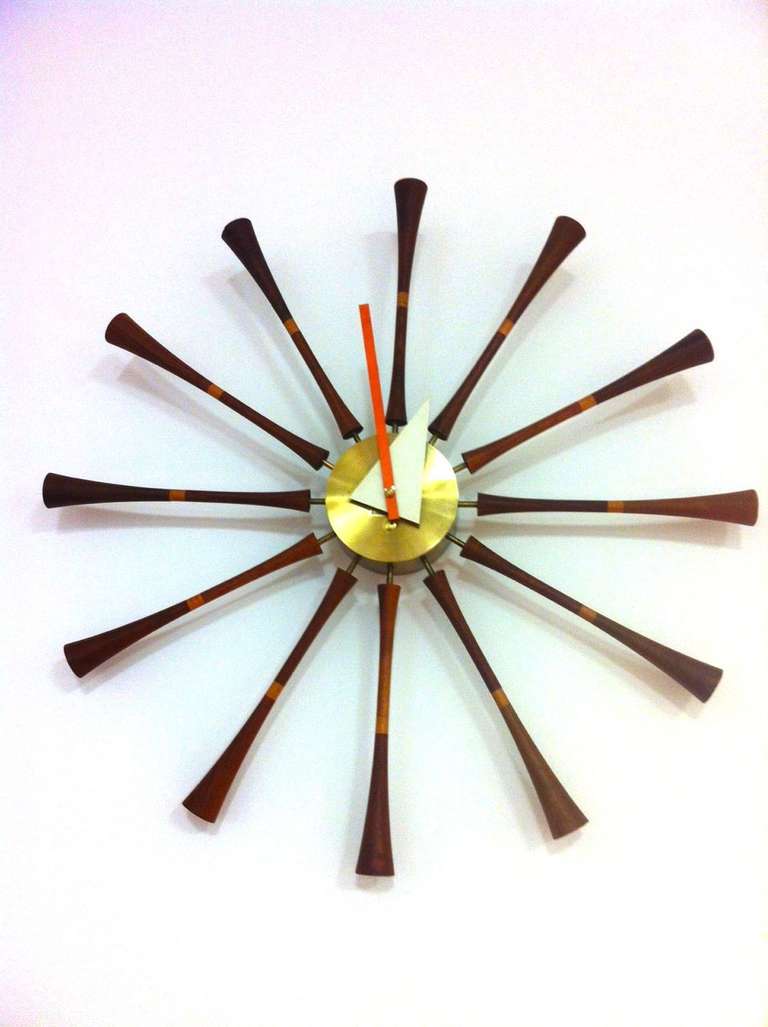 Rare George Nelson for Howard Miller spindle clock. Mid-Century starburst design. Batery operated and a few repairs on the back of spindle not seen on front.