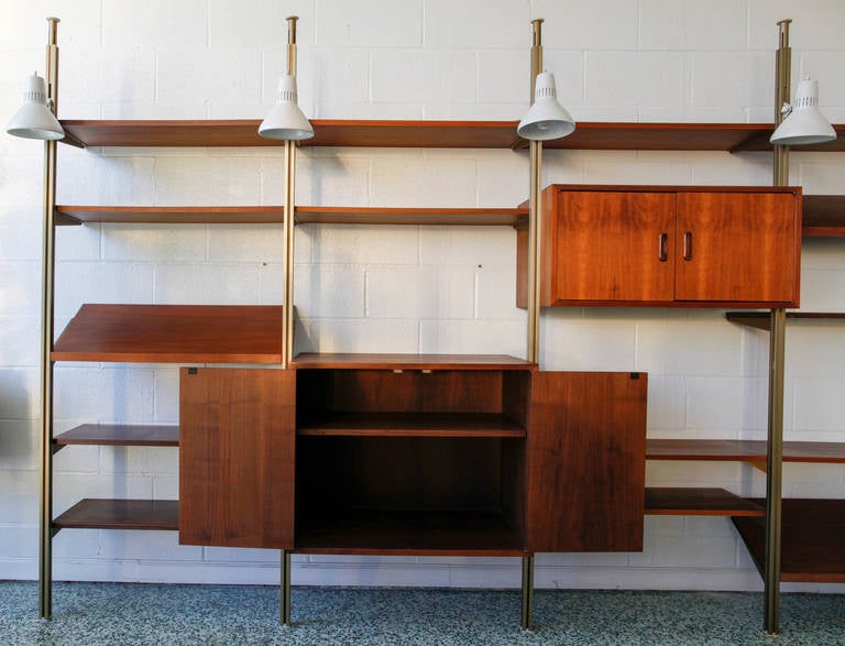Brass and Walnut Wall Shelf Unit by George Nelson for Omni Systems In Excellent Condition In St. Louis, MO