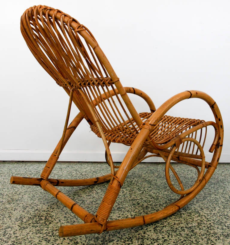 Mid-Century Italian Rattan Rocking Chair by Franco Albini In Excellent Condition In St. Louis, MO