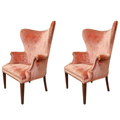 Pair of Dramatic Button Tufted Mid-Century Wingback Chairs