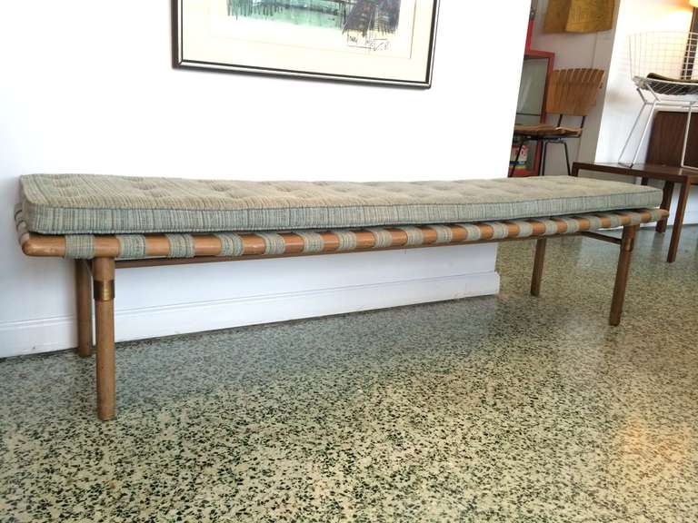 Very nice T.H.Robsjohn-Gibbings Widdicomb style long upholstered bench. Extra long.