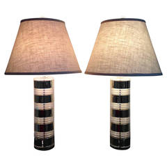 Pair of "Optique" Stacked Lucite and Brass Table Lamps