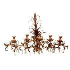 Large Five Arm Metal Gold Gilt and Crystal Beaded Candelabra