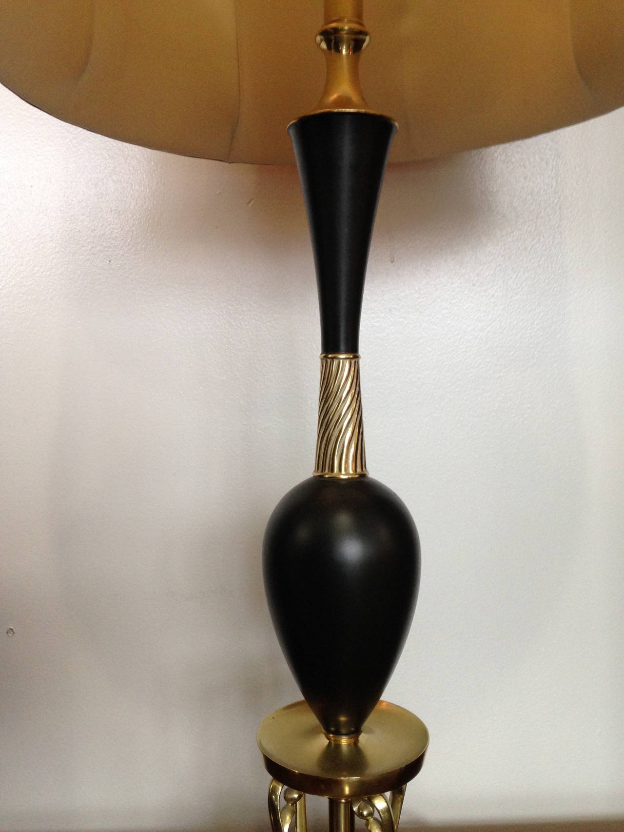 American Pair of Hollywood Regency Brass and Black Marble Rembrandt Table Lamps