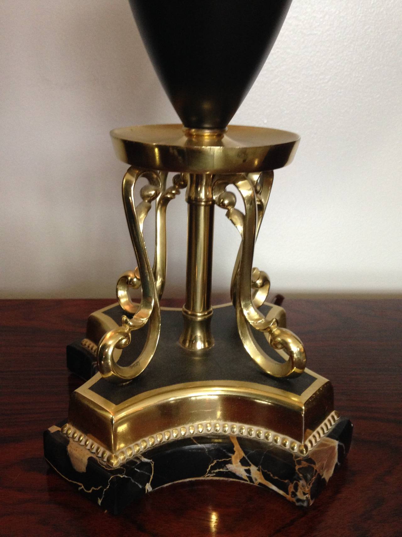 Pair of Hollywood Regency Brass and Black Marble Rembrandt Table Lamps In Excellent Condition In St. Louis, MO