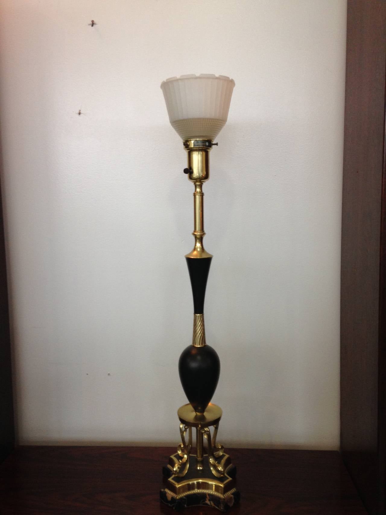 Pair of Hollywood Regency Brass and Black Marble Rembrandt Table Lamps 3