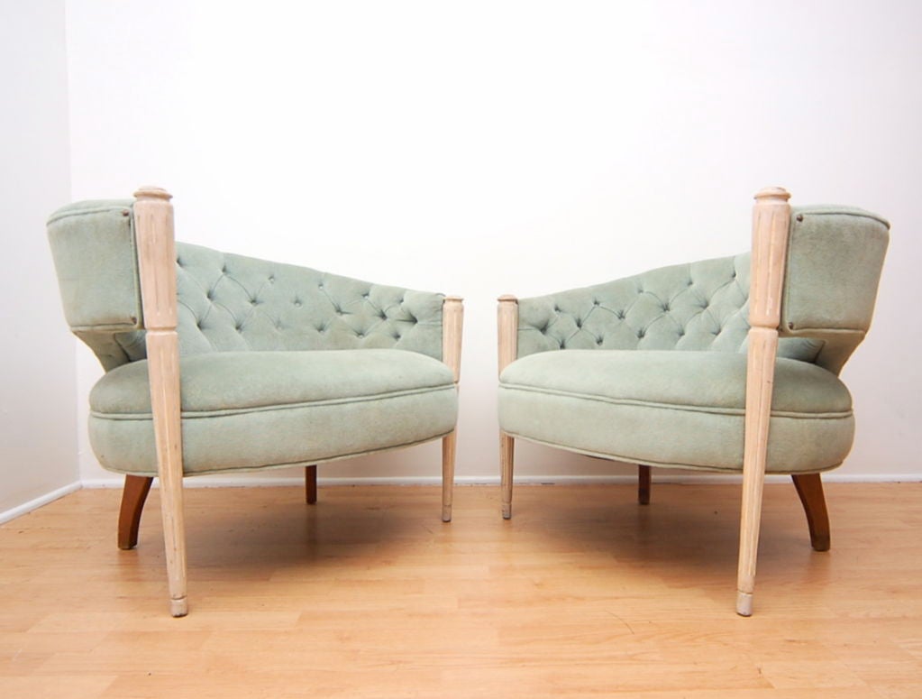 Wood Pair Asymmetrical Hollywood Glamour Regency Lounge Chairs