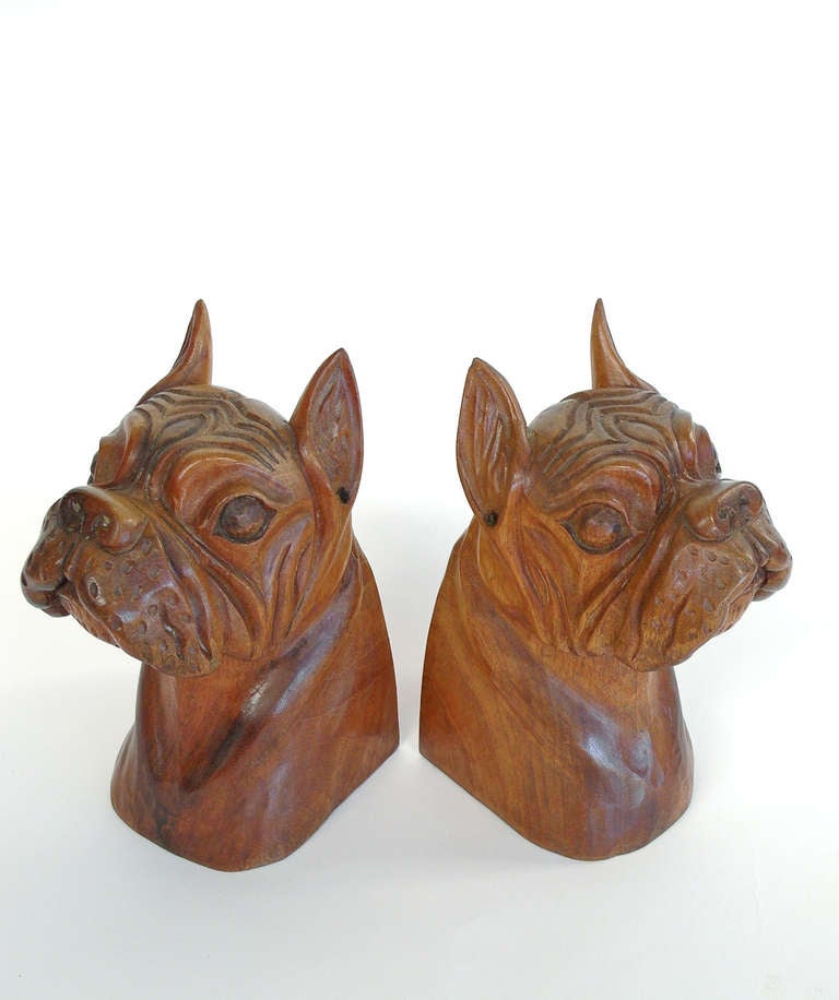 Folk Art Hand-Carved Wooden Bulldog Bookends