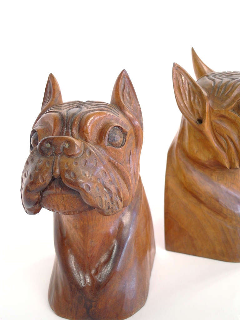 Hand-Carved Wooden Bulldog Bookends In Excellent Condition In Chicago, IL