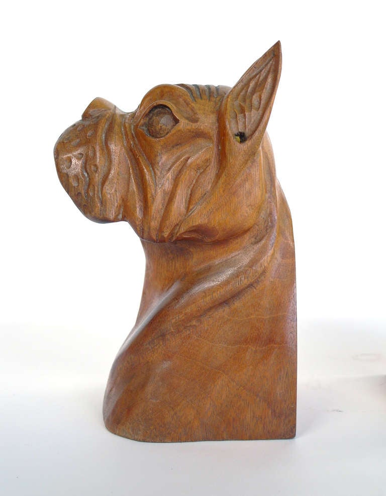 Mid-20th Century Carved Wooden Bulldog Bookends