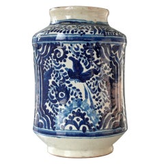 Rare Blue And White Talavera Barrel Shaped Jar