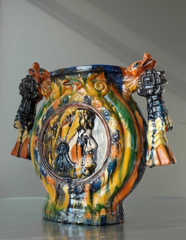 Ceramic Pair Of Oaxacan Choreada y Vidriada Art Deco Vases