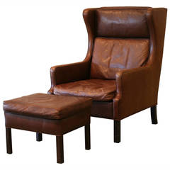 Vintage Danish Brown Leather Armchair and Ottoman