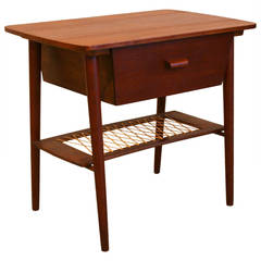 Vintage Danish Teak Accent Table with Cane Shelf