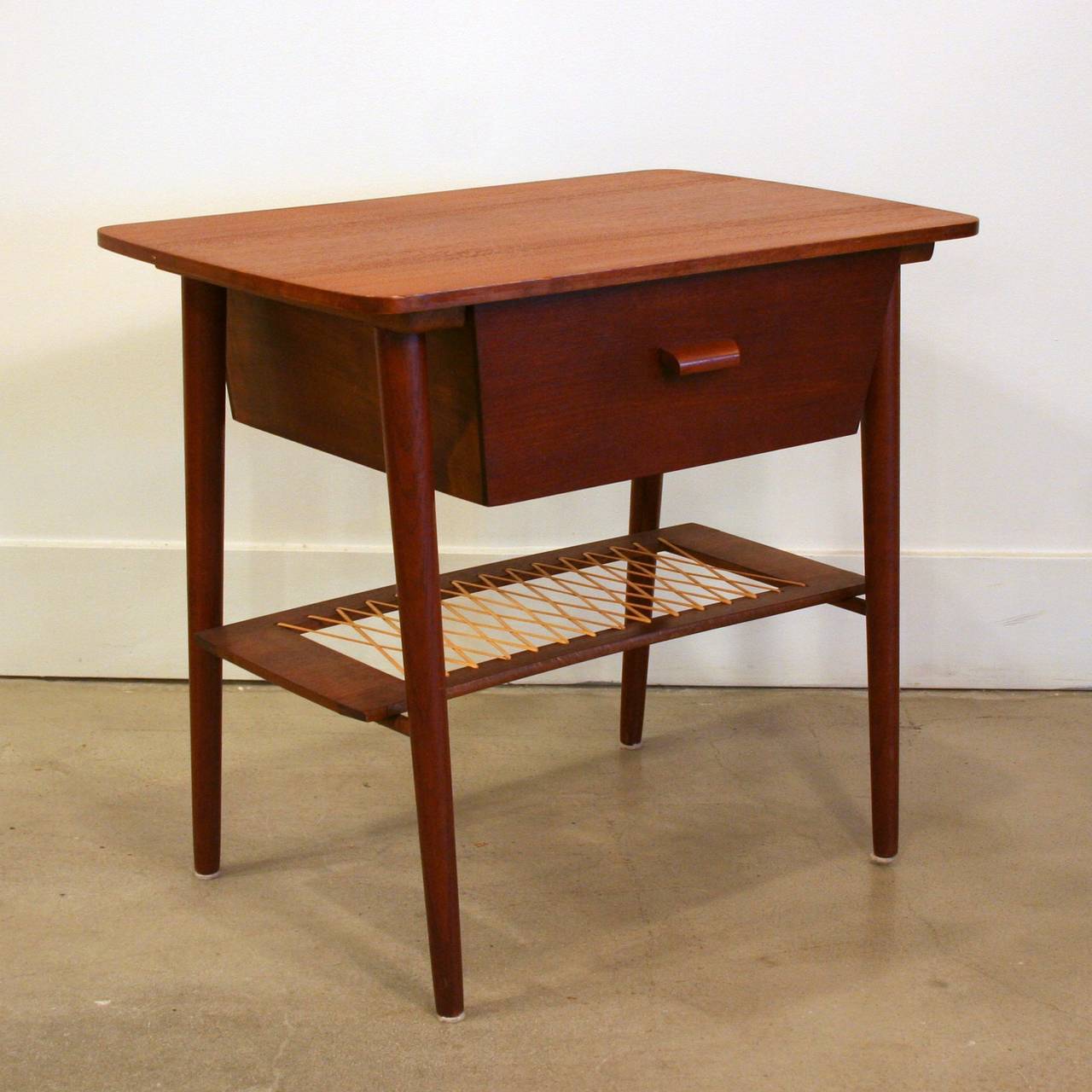 Vintage Danish Teak Accent Table with Cane Shelf