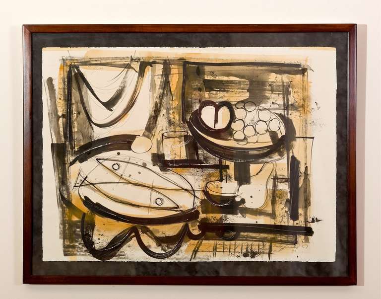 From 1957 comes this fabulous pair of abstracted still lifes by listed artist Emil Weddige. Striking Mid-Century art at its best.  One is a drawing (top -- black and white with ochre tones) and one is a lithograph (lower -- pitcher, lemons, and
