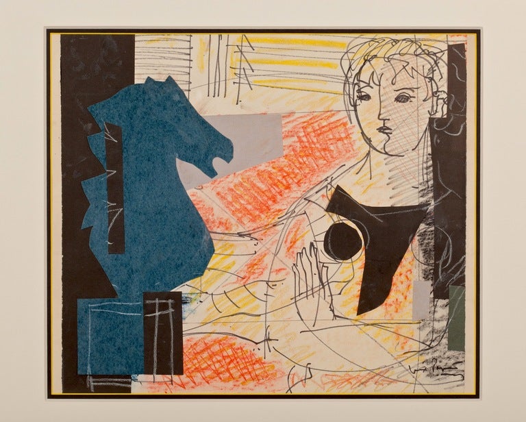 Fabulous original early mixed media and ink collage from Max Papart (1911-1994) of a woman standing with a chess piece in the foreground, 