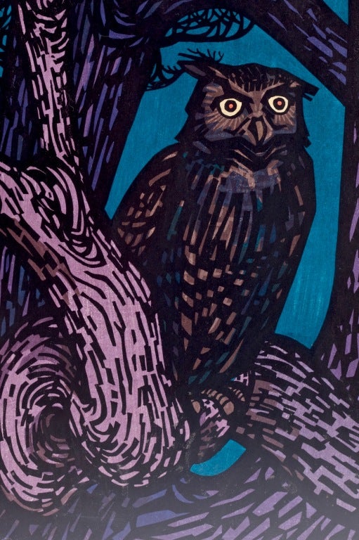 Bold and dramatic woodblock of owls in the California Redwood Forest circa 1969 by well known woodblock artist Clifton Karhu.  Great colors create this 