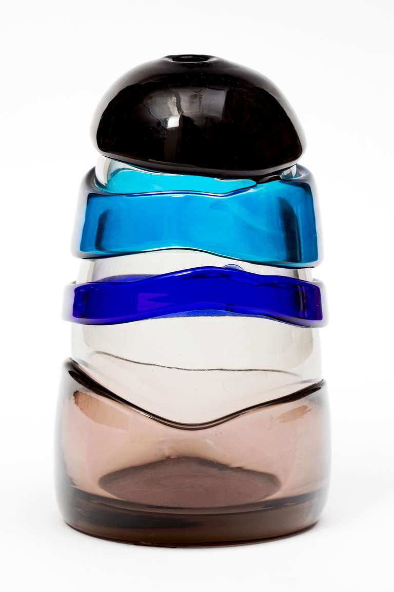 Stunning 1970s Luciano Gaspari multi-banded Murano 'Sasso' vase for Salviati. Spectacular array of topaz, blue and aqua fused ribbons ending with a dark black one at top with a small opening. Super chunky and seductive. Etched signature.