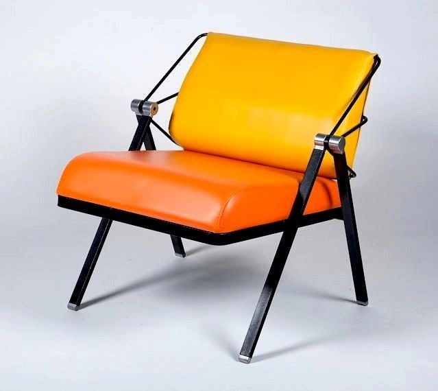 Got orange?  Fun chair by Italian designer Gaston Rinaldi (attr.) covered in orange and yellow faux leather.
Check out art1nyc.com for more post war.
Contact dealer for item location.