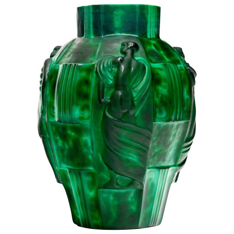 Fabulous Deco Malachite Glass Vase attributed to Moser at 