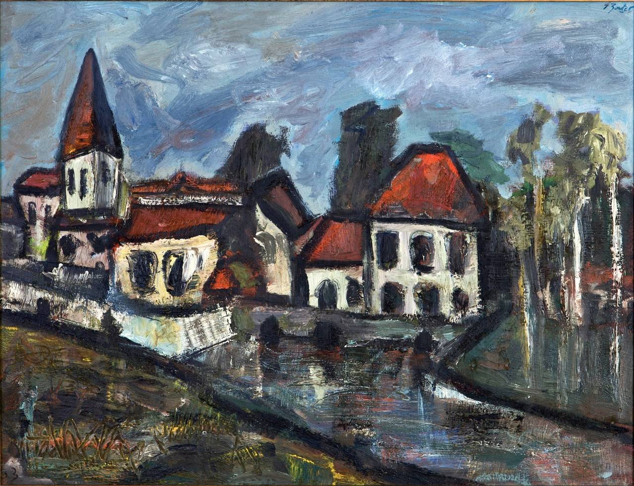 Striking abstract of a Country Village by listed French artist Daniel Bertet. He exhibited in Paris during the 1960s and can be found in private collections worldwide. Oil on canvas, signed 63 lower left and Bertet upper right and on verso. 

Found