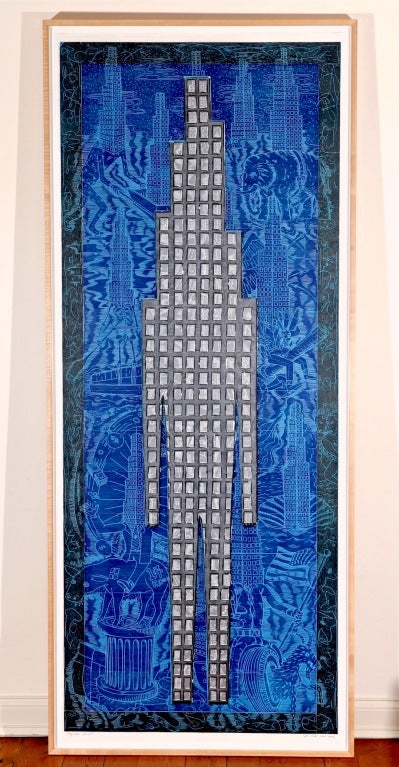 Fabulous massive woodcut of a stylized skyscraper half man, half building by listed American artist John Buck. Titled 