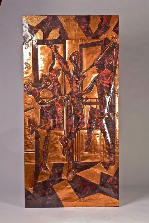 1960s Spanish Homage to Picasso's 1925 painting, Les Trois Danseuses. Masterfully created this massive sculptural panel is acid etched copper mounted onto a heavy wood frame. Signed.
A great 60's vintage piece of art that brings Picasso into your