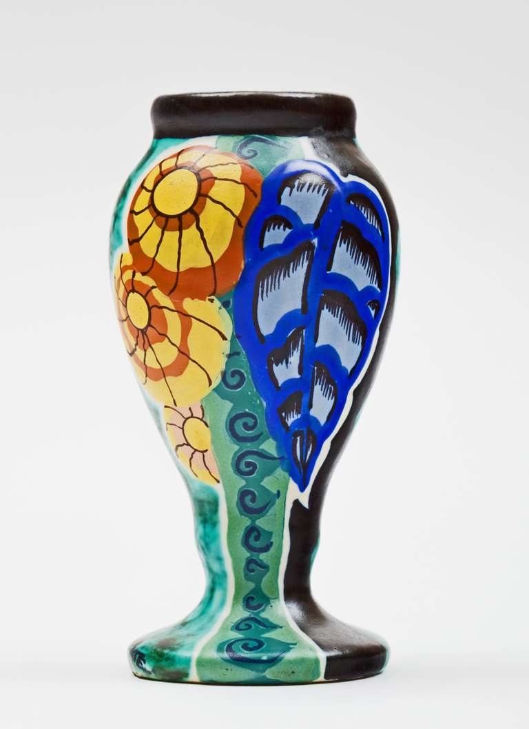 Extraordinary small hand-painted Art Nouveau ceramic vase by French artist Louis-Auguste Dage circa late 1920s to early 1930s. Signed L. Dage, Made in France.