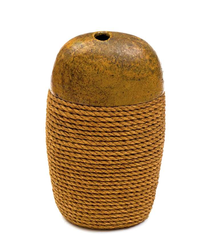 1966 rope and stoneware ceramic vase signed Schneider. Very dramatic and well executed vase with excellent large-scale. Beach house perfect.  