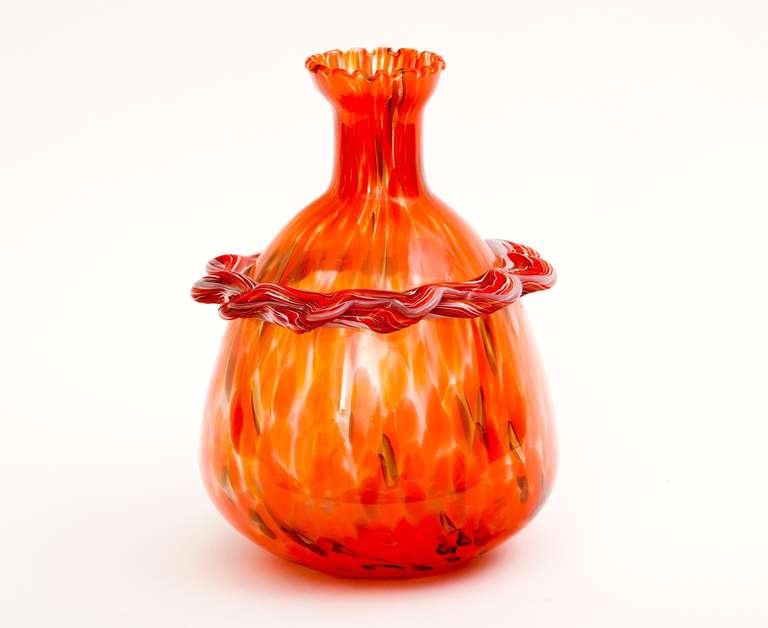 Fun and bright 60's Murano Glass Vase with stripe rope border.  Unsigned.