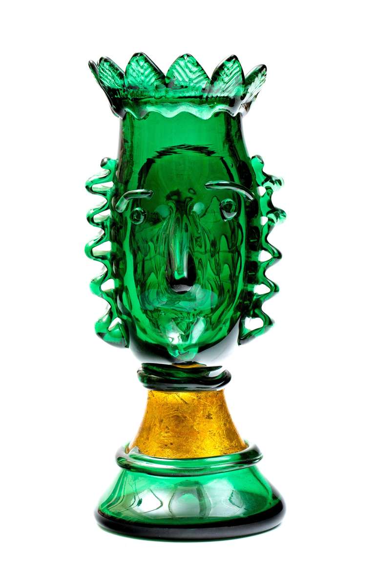 Exceptional Murano Green and Gilt Figural Sculpture circa 1970's.  This piece is rich in detail from the gilt glass to his unique features ending with his curly hair and a crown leaf motif.  Most likely originally designed for a lamp.  A unique
