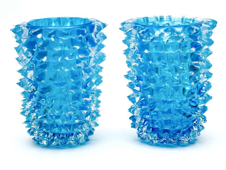 Dramatic and rare pair of oversize handblown 1960s rostrato vases by the acclaimed Murano master Pino Signoretto. Both are a soft aqua with a slight blue tint that are a mixture of iridescent and clear and vary slightly since they are hand blown.