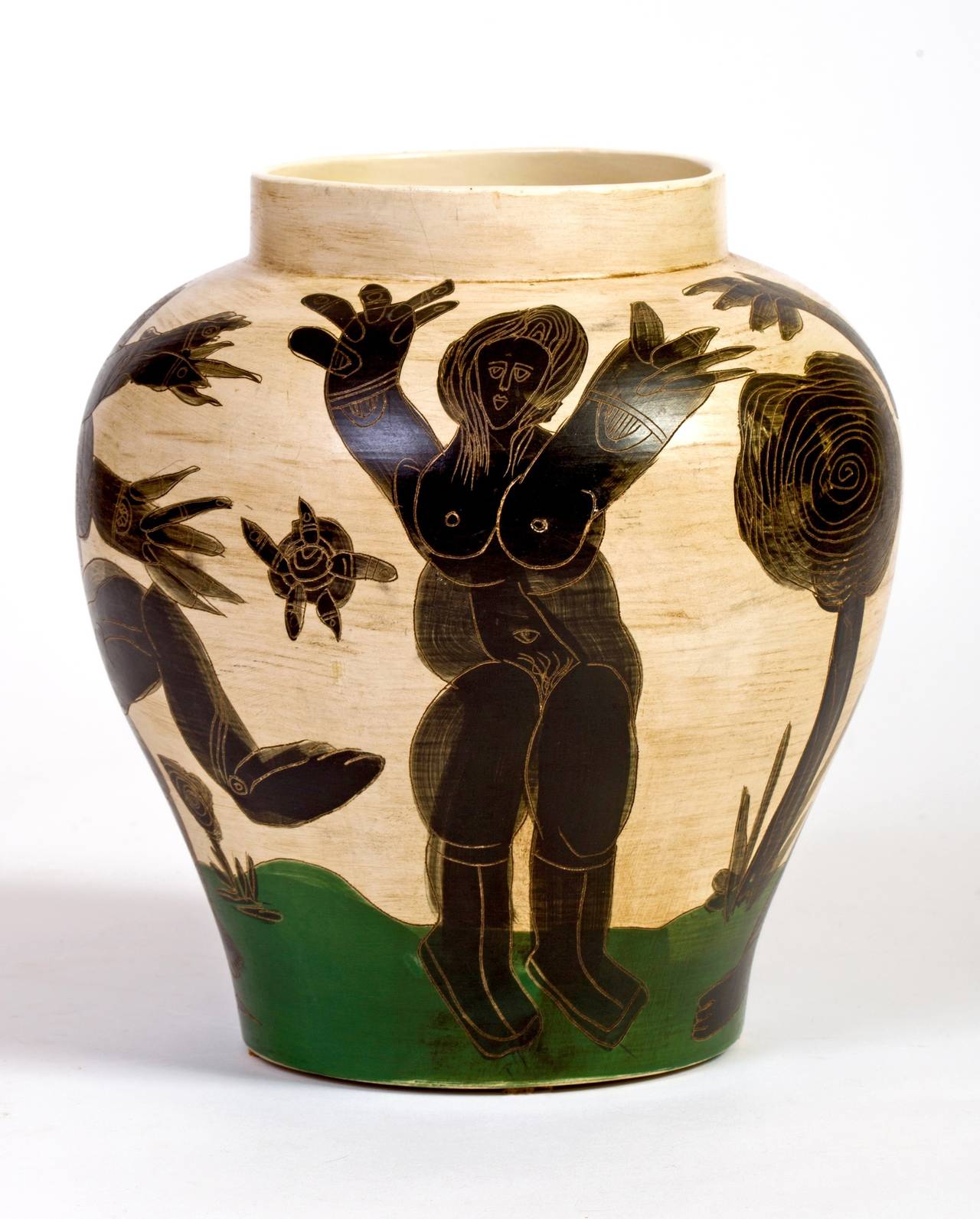 Fabulous, early example of Washington Ledesma's sculptural ceramic work at it's best...four nude women dancing with the snake in the Garden of Eden, circa 1978. He is considered to be one of Latin America's most significant artists living in the