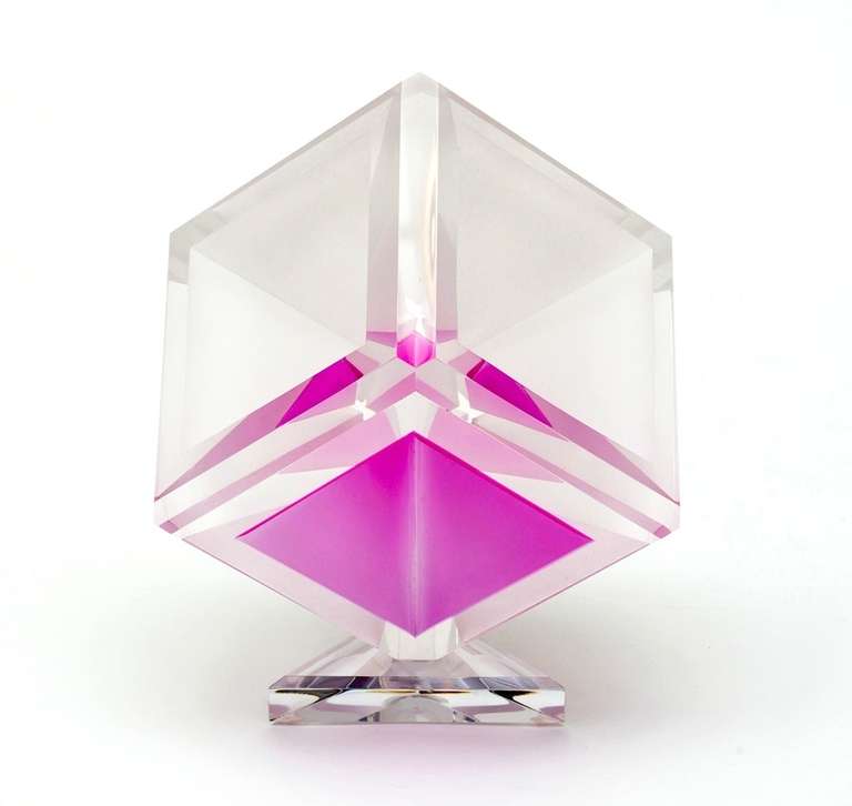 Fabulous Frosted, Clear and Colored Cube Sculpture by renowned New York Artist Norman Mercer.  This sculpture is a multi-dimensional piece of art that reveals itself from different angles changing hues with each angle. Beautiful piece from the