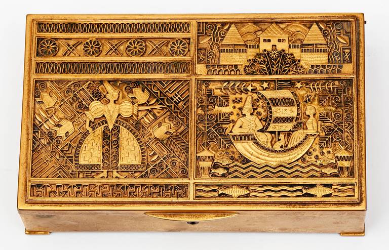 Exquisitely detailed gilt bronze folk lore box depicting a Castle, Royalty and Journey at sea lined in blue velvet. Beautiful craftsmanship is found in this unique piece which is most likely early Scandinavian.