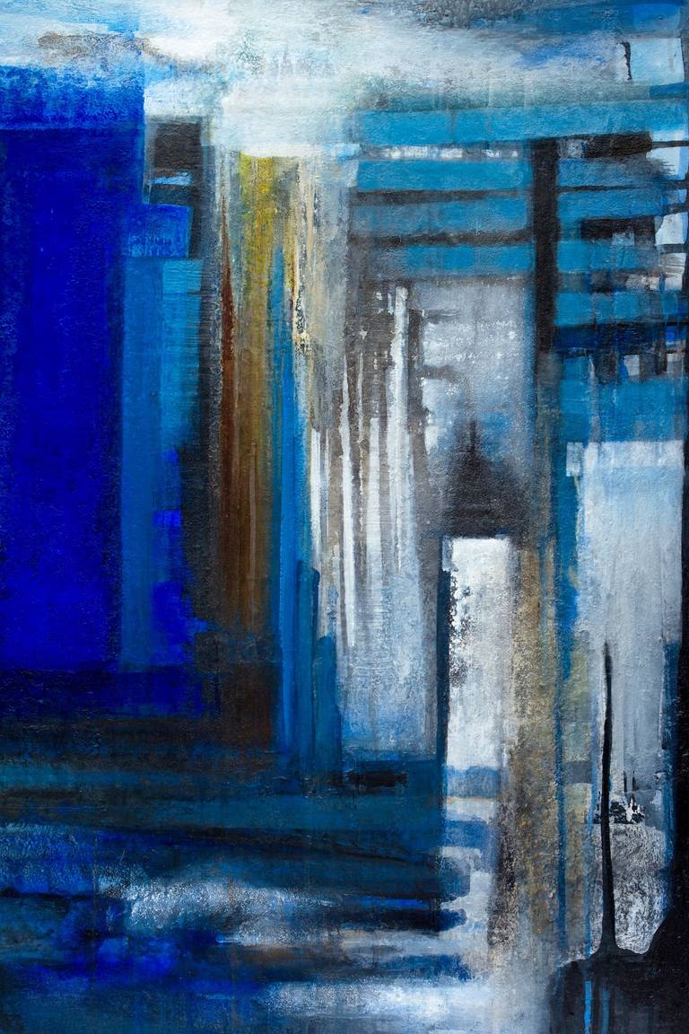 Windows at Night by Brazilian Artist Ivanilde Brunow is a bold array of blues, blacks, grays and whites using various mixed mediums and juxtapositions to create a visually dynamic painting. Iva's use of dry pigments with acrylics gives it a rich and